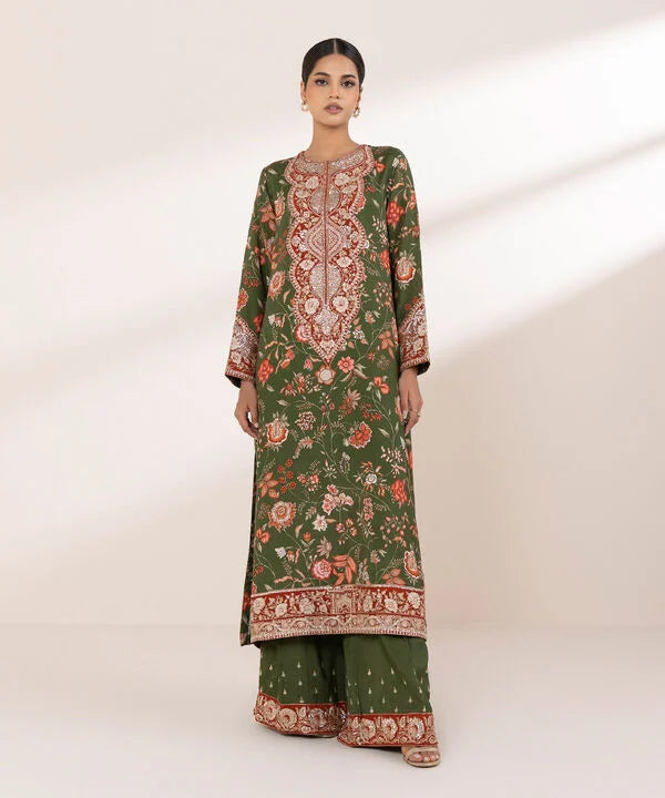 2 Piece - Embroidered Raw Silk Suit