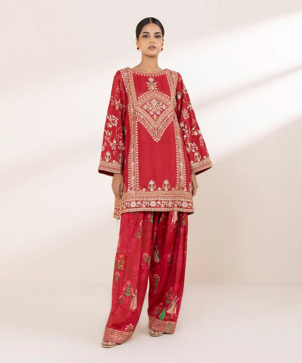 2 Piece - Embroidered Raw Silk Suit