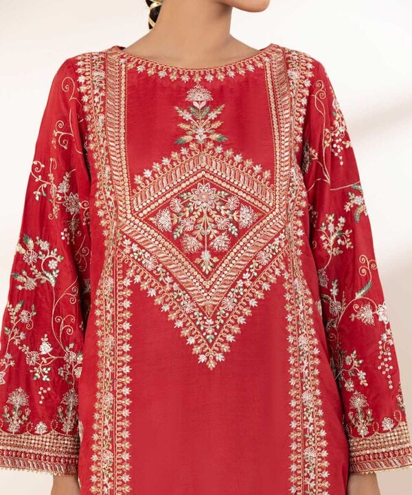 2 Piece - Embroidered Raw Silk Suit
