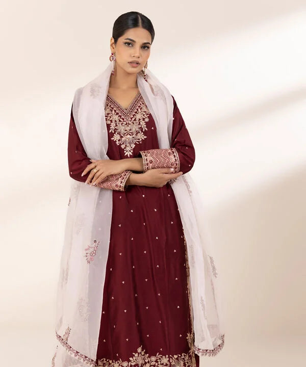 3 Piece - Embroidered Cotton Net Suit