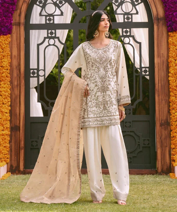 3 Piece - Embroidered Cotton Net Suit