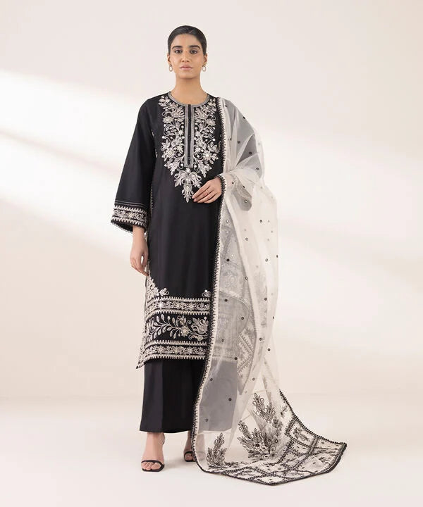 3 Piece - Embroidered Cotton Net Suit